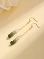 Elegant retro gold long dangle earrings featuring gradient green and white jade beads - Long Tassel Drop Earrings (Hua Zhong Ren) / Stud Pin Style / Gradient Green
