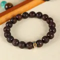 Hand-carved red sandalwood beaded bracelet with ethnic metal charm for meditation - Zodiac Pig and Dog Style (SL5646)