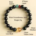 Beaded bracelet with black obsidian, yellow rutilated quartz, jade, and agate accents. - 16cm Circumference / 10mm Obsidian Bracelet Male