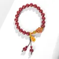 Elegant cinnabar bracelet with wooden flower charm and attracting wealth gold tag - Purple Gold Cinnabar Peach Blossom Style