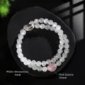 Elegante pulsera de doble capa de piedra lunar blanca con cuenta de cristal rosa de 10 mm - Pulsera de Doble Hilo de Piedra de Luna Crema