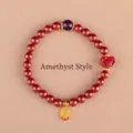 Red cinnabar bead bracelet with amethyst bead and gold charm - Blessing Cinnabar Amethyst Style