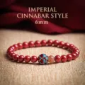 Elegant 6mm Emperor Cinnabar beaded bracelet featuring a decorative cloisonné lotus charm - Emperor Cinnabar Artificial Enamel Style / 6mm