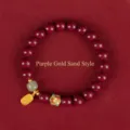 Purple gold cinnabar beaded bracelet with gold transfer bead and jade accent. - Purple Gold Cinnabar Artificial Jade Blessing Style / 8mm
