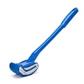 Long handle toilet brush with curved scrubbing head for deep cleaning bathroom surfaces. - Blue