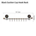 Black suction cup hook rack with 8 hooks and wooden ends, dimensions 57.1 x 10.4 cm - Black