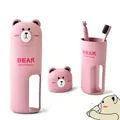 Portable eco-friendly wheat fiber bear travel toothbrush set including a wash cup - Three-Piece Set / Pink