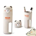 Eco-friendly wheat fiber bear travel toothbrush kit with detailed views of the case and brushes - Three-Piece Set / Beige