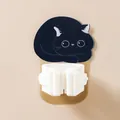 Wall-mounted mop and broom holder featuring a cute black cat cartoon design and white clip. - White