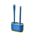 Wall-mounted dual toilet brush set with long handles and blue yellow storage holder base - Blue