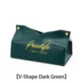 Nordic style dark green PU leather tissue box holder with V-neck opening and gold hardware - V-Opening Fashion / Dark Green