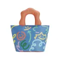 Wasserabweisende blaue tragbare Lunchtasche mit bunten Doodles und welligem orangem Griff - Orange