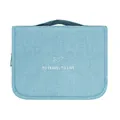 Borsa da toilette da viaggio azzurra in tessuto cationico con slogan ricamato - Celeste