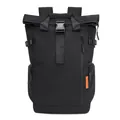 Durable black large-capacity roll-top backpack with stylish orange label for daily travel - Black