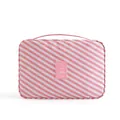 Pink and white striped travel cosmetic bag with handheld strap and airplane logo - Pink Stripe