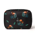 Black travel toiletry bag with vibrant orange flamingo and tropical leaf patterns. - Black Flamingo