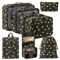 Set da 8 pezzi di organizer da viaggio con stampa a limoni gialli su fondo nero - Stampa al Limone (Set da 8 Pezzi con Gancio) / Set da 8 Pezzi / Nero