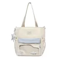 Bolso tote grande de nailon crema con bolsillo transparente azul claro y colgante de estrella. - Talla única / Blanco