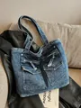 Large capacity blue denim tote bag with multi-pocket design for casual daily use - One Size / Blue