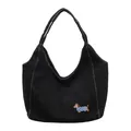 Borsa tote in denim nero con ricamo bassotto carino, grande borsa a spalla - Stile Ricamo Cane / Cane Nero