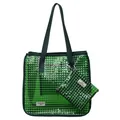 Borsa tote in PVC trasparente verde con pochette abbinata e motivo a griglia argento - Combinazione Griglia Trasparente Due in Uno / Verde
