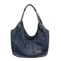 Borsa sottobraccio in denim blu scuro con ricamo di bassotto carino in maglione a pois - Stile Ricamo Cane / Cucciolo Blu Scuro