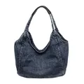 Retro washed denim tote bag with large capacity and durable black leather handles - Dark Blue