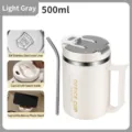 500ml light grey insulated stainless steel office mug with lid, spoon and straw set - 500ml / Gray
