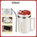 500 ml witte roestvrijstalen kantoormok met rood deksel, lepel en rietjeshouder - 500ml / Rood