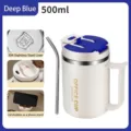 Insulated dark blue 500ml stainless steel office mug with lid, spoon and straw set. - 500ml / Blue