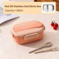 Fiambrera de acero inoxidable 304 rosa de 900ml con un set de cubiertos portátiles a juego - Estilo de Doble Compartimento (Con Utensilios) / 900ml / Rosa