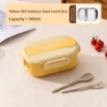 Boîte à lunch jaune en acier inoxydable 304, 900ml avec ensemble de couverts - Style à Double Compartiment (Avec Ustensiles) / 900ml / Jaune