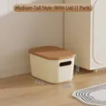 Cream colored stackable storage box with brown lid and dimension markers for home organizing - Heightened Style (With Lid) / M