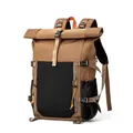 Brown and black roll-top commuter backpack with multi-functional pockets for outdoor travel - One Size / Brown