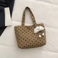 Braune Polka-Dot Canvas-Einkaufstasche für Damen mit süßem weißem Wolken-Schlüsselanhänger - Einheitsgröße / Khaki