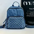 Stylish washed denim quilted backpack for women in blue casual travel and fashion style. - One Size / Dark Blue