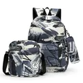 Trendy 3-piece student backpack set with abstract blue graffiti pattern and smiley face icons - Graffiti Style (shengyuan-0102) / Three-Piece Set / Gray