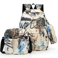 Set zaino 3 pezzi con stampa graffiti alla moda inclusa borsa a tracolla e astuccio per penne - Stile Graffiti (shengyuan-0102) / Set di 3 pezzi / Beige