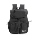 Stilvoller Damen Rucksack aus schwarzem Nylon mit Karomuster und praktischen Taschen. - Schwarz