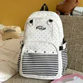 Lightweight white preppy backpack with black polka dots and stripes for school and travel - No Pendant / Black