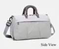 Close-up side view of a large light gray travel bag with grid texture - Gray / One Size