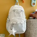 Cute preppy white and blue striped schoolbag for junior high girls with star plush charm - No Pendant / Blue