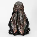 Close-up of elegant paisley pattern on a silky square bandana scarf tied over hair - 70*70cm / FH166-01 Black