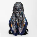 Detail shot of a stylish paisley print square silk scarf tied on long black hair. - 70*70cm / FH166-02# Navy Blue