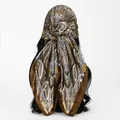 Back view of a fashion paisley print square scarf tied as a headscarf on a model - 70*70cm / FH166-03# Coffee