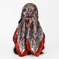Detailed back view showing the red paisley print silky square scarf draped elegantly - 70*70cm / FH166-04# Red