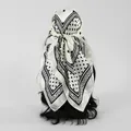 Detailed view of white silk-like square scarf with black polka dots and geometric print - 90*90cm / FH187-03 - Beige