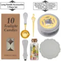 Kit de sellado de cera gris leche con horno, cuchara, mango, cuentas de cera y velas - Juego de accesorios de mango largo (AS329) / Juego de 7 piezas / Gris Leche