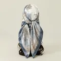 Elegant floral satin square scarf styled as a headscarf in light blue and white. - Blue (FH074-1#)