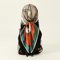 Back view of elegant silk-like satin square scarf with vintage chain print pattern - Classic Chain And Belt Print / 90x90cm / Black (FH071-1#)